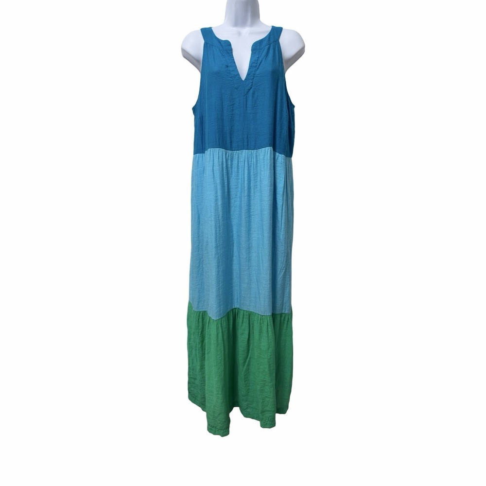 J Jill Womens Tiered Sleeveless Maxi Dress Size M Green Blue Vacation Sundress